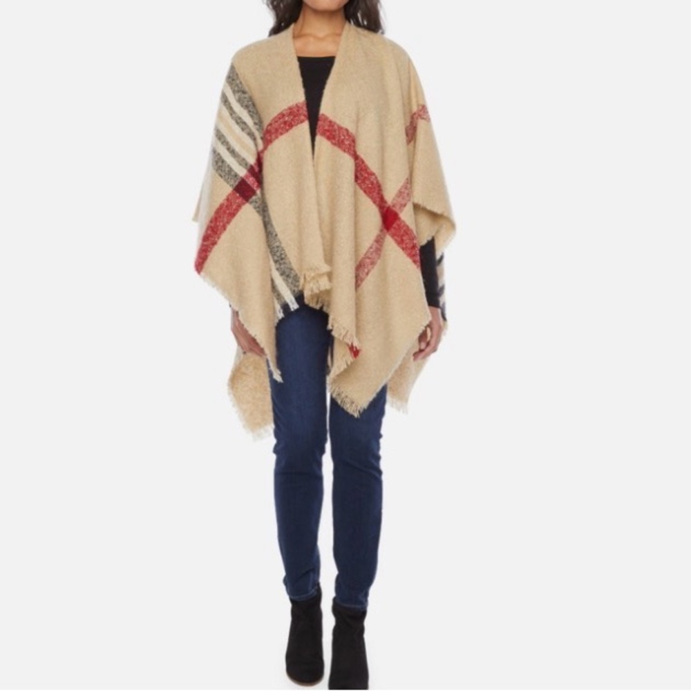 V.FRAAS | Large Plaid Shawl / Fringe Scarf / Cape / Multi Wear Beige & Red Wrap
